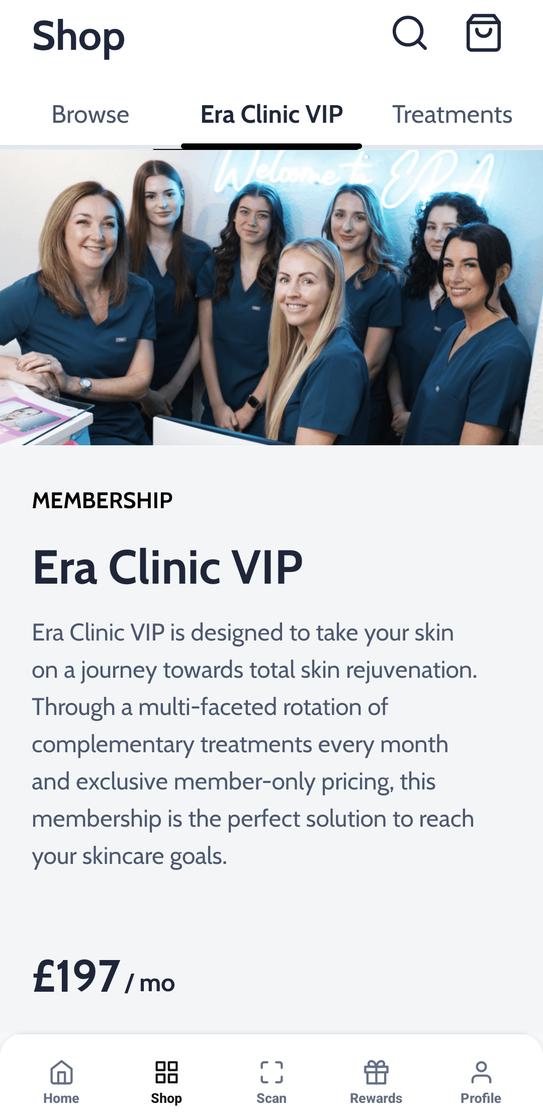 SkinClub patient app membership screen